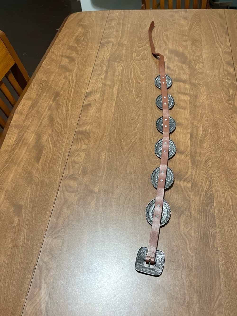 Western Concho Leather Belt - Brown with Silver Conchos. (42in.) - Picture 2 of 4